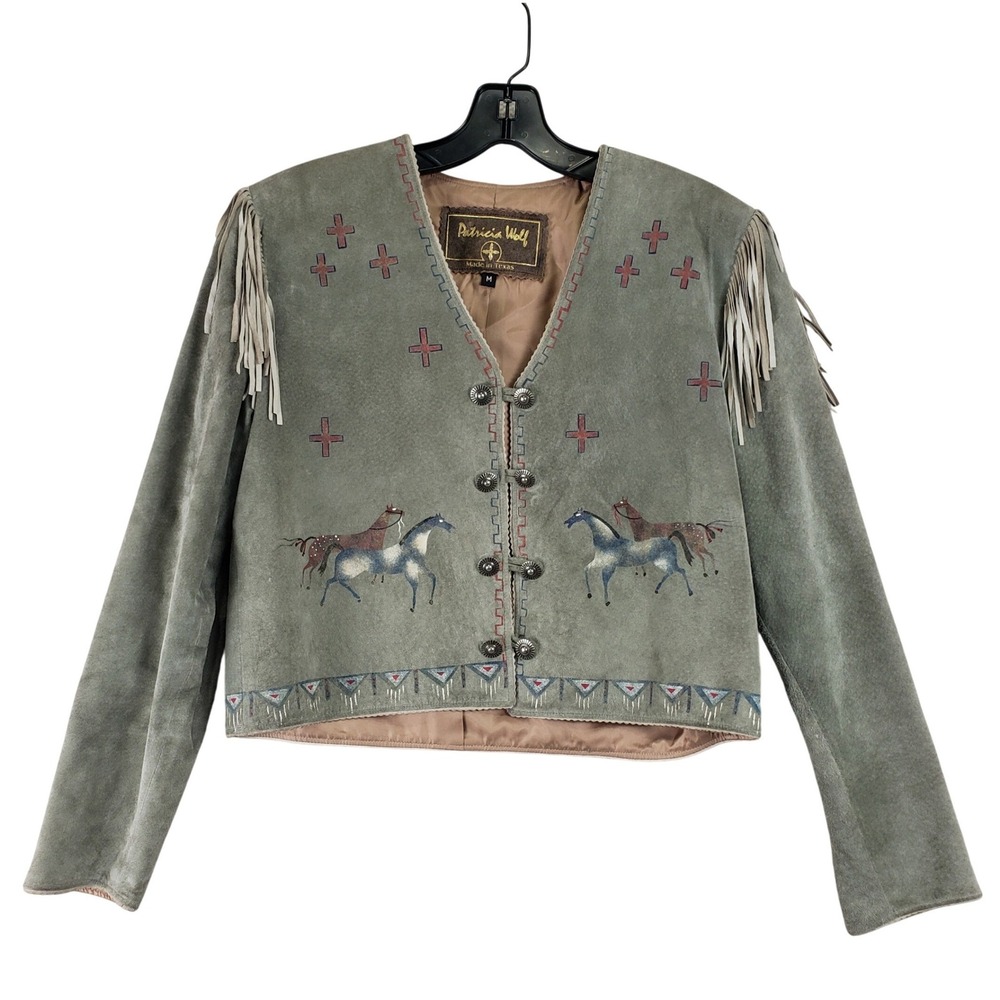 VTG Patricia Wolf Suede Western Fringe Hand Painted Jacket Women M Sage GRAIL